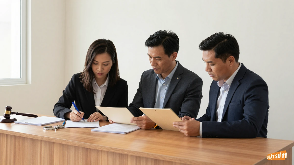 Hai anh em ngồi cạnh nhau tại quầy gỗ phòng công chứng, người em đang ký hợp đồng
