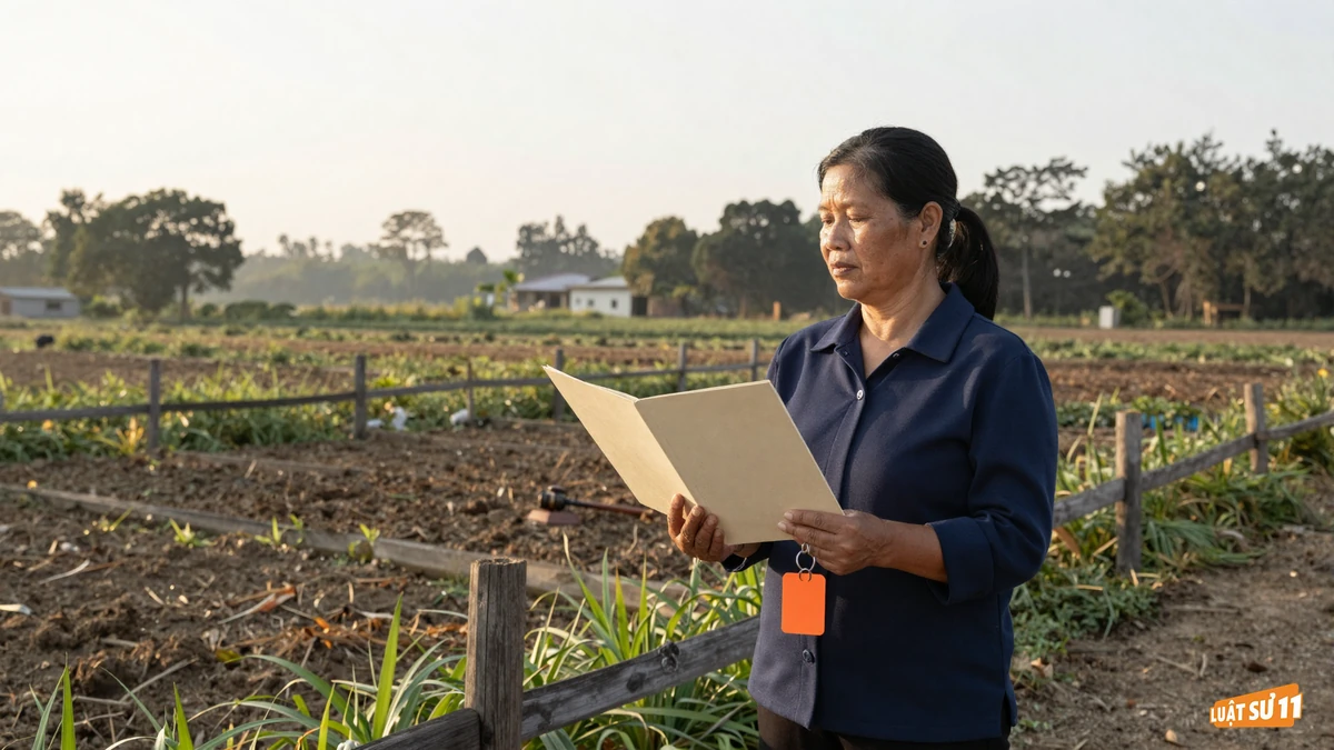 Người phụ nữ đứng bên mảnh đất có cọc ranh giới, tay cầm bìa giấy chứng nhận và chùm chìa khóa