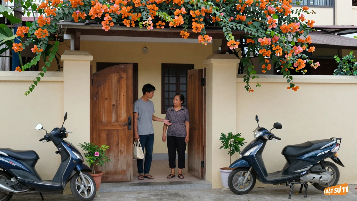 Người con trai xách túi bước qua cổng gỗ trở về nhà, người mẹ đứng chờ ở bậc cửa