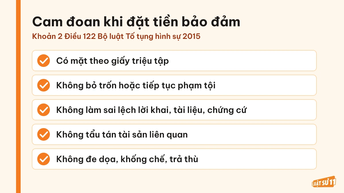Các nội dung bị can phải cam đoan khi được đặt tiền để bảo đảm