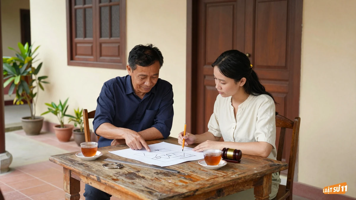 Hai anh chị em ngồi bên bàn gỗ, cùng xem bản phác họa chia phần đất