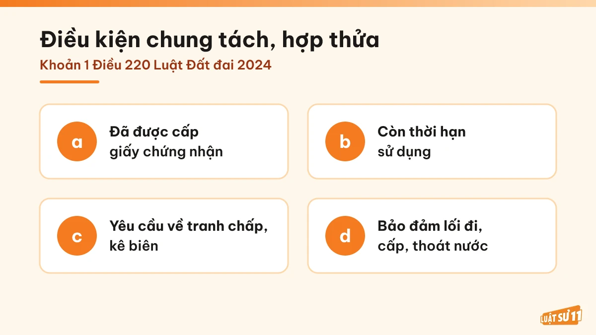 Các điều kiện chung khi tách, hợp thửa đất theo khoản 1 Điều 220 Luật Đất đai 2024