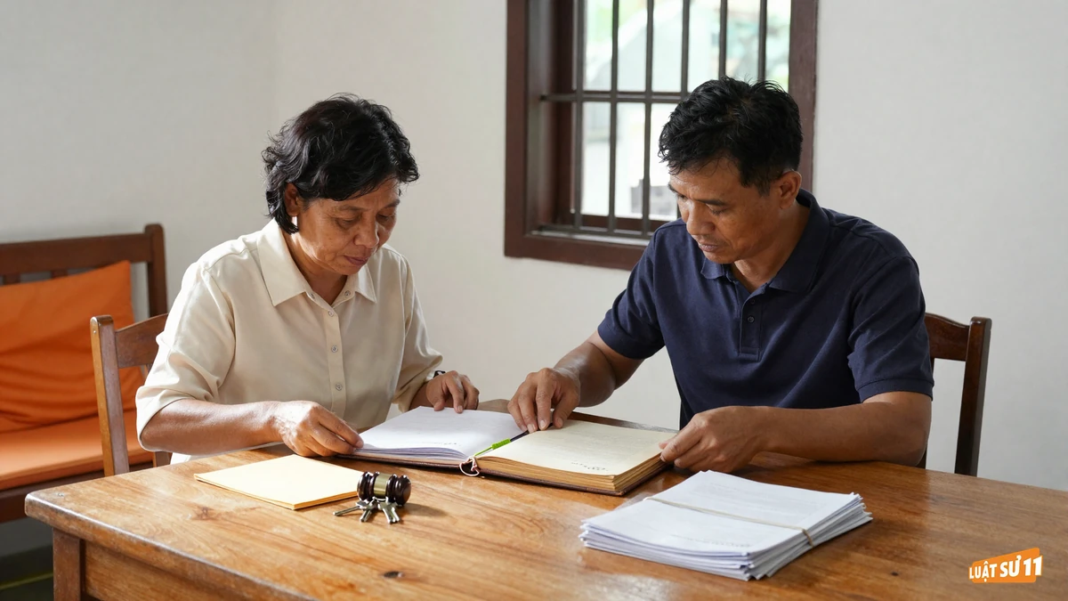 Hai anh chị em ngồi bên bàn gỗ trong nhà, sắp xếp giấy tờ gia đình vào từng bìa hồ sơ