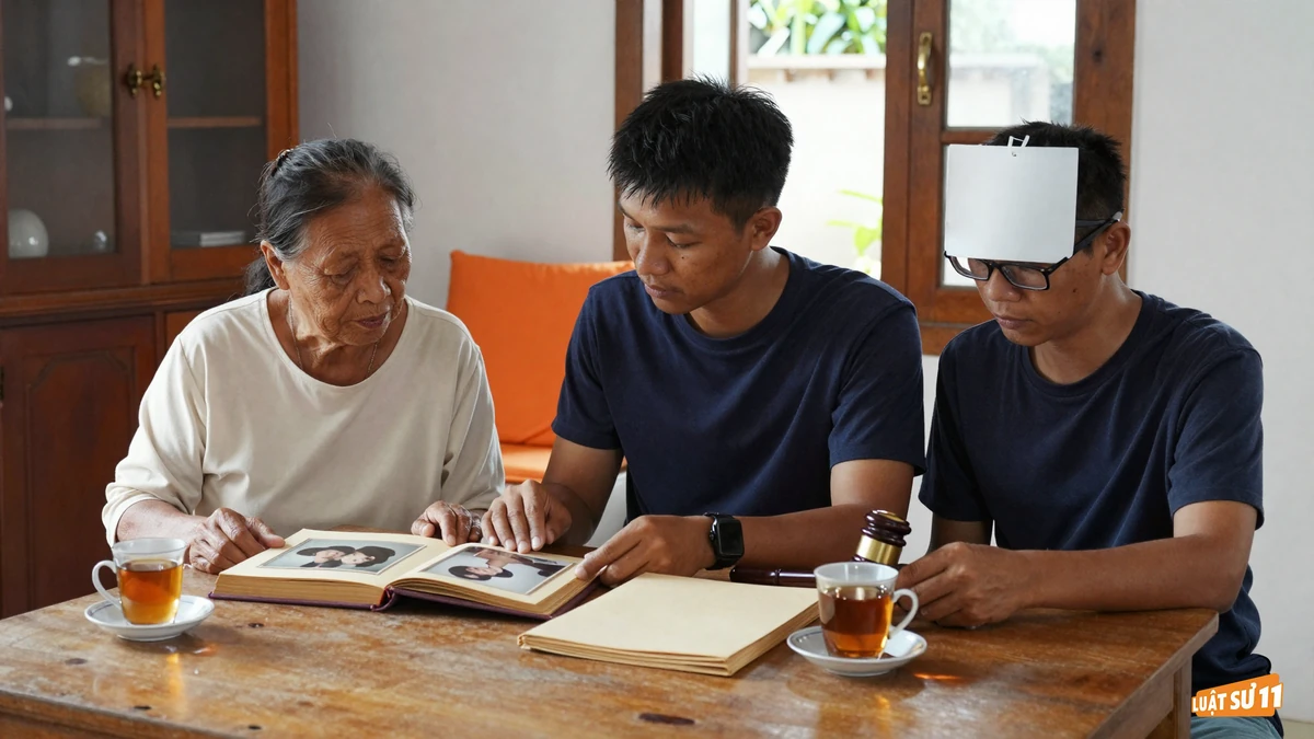 Người mẹ trung niên và con trai trưởng thành ngồi cạnh nhau xem album ảnh gia đình bên bàn gỗ