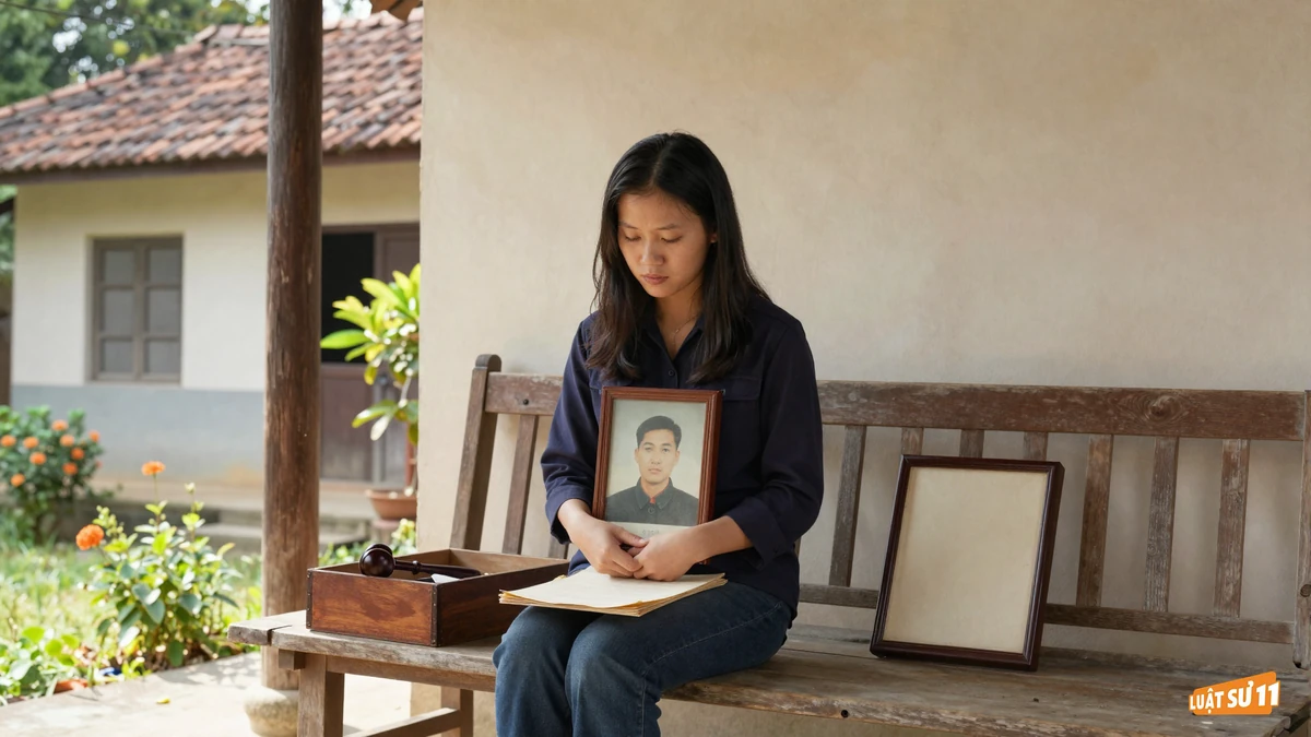 Người cháu gái ngồi trên hiên nhà cũ ở quê, ôm khung ảnh người cha bên hộp giấy tờ gia đình