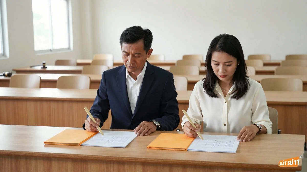 Hai người ngồi tại bàn gỗ trong phòng đấu giá, cầm thẻ trả giá trơn, trước mặt là bản vẽ khu đất