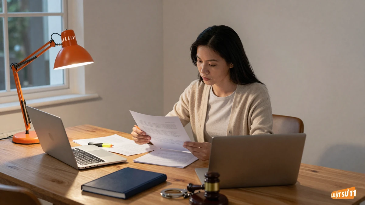 Người phụ nữ ngồi bên bàn ăn ở nhà, so sánh hai tập giấy tờ cạnh máy tính xách tay