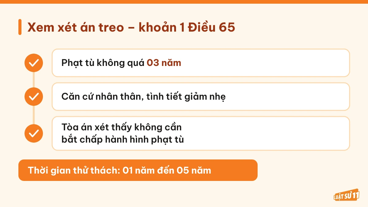 Ba điều kiện xem xét án treo và thời gian thử thách theo khoản 1 Điều 65