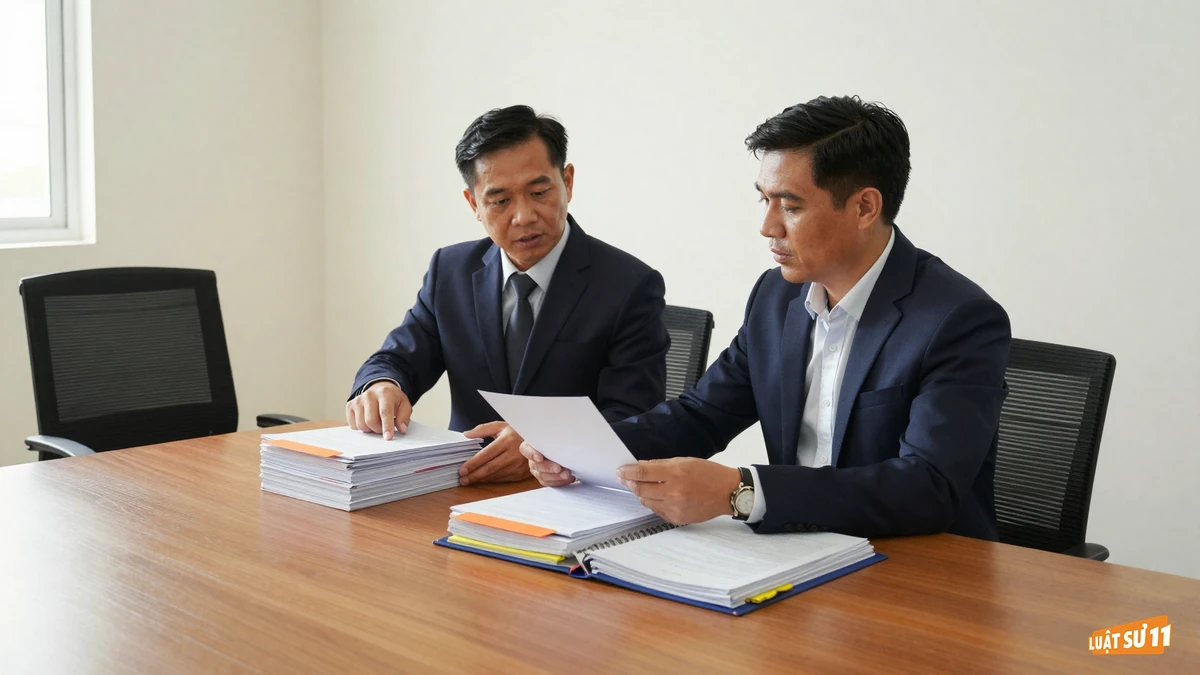 Hai người ngồi bên bàn gỗ, chia hồ sơ thành nhiều chồng riêng để đối chiếu