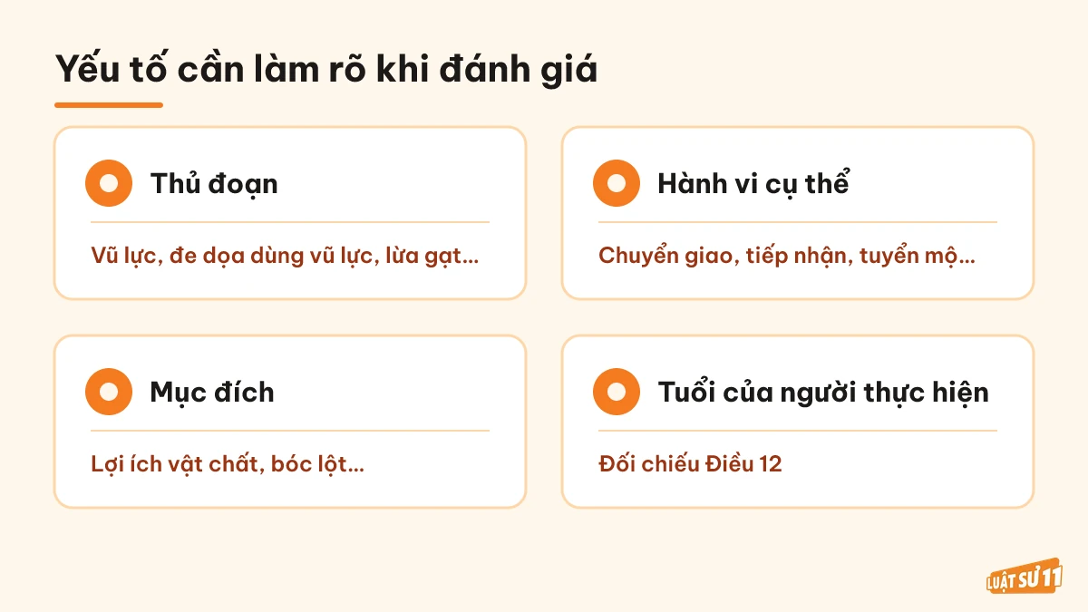 Các yếu tố cần làm rõ: thủ đoạn, hành vi, mục đích và tuổi người thực hiện
