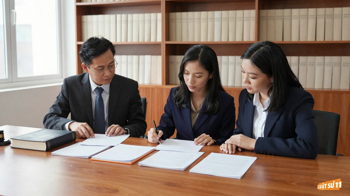 Hai đồng nghiệp ngồi bàn gỗ trong thư viện, so sánh ba bộ tài liệu đặt cạnh nhau