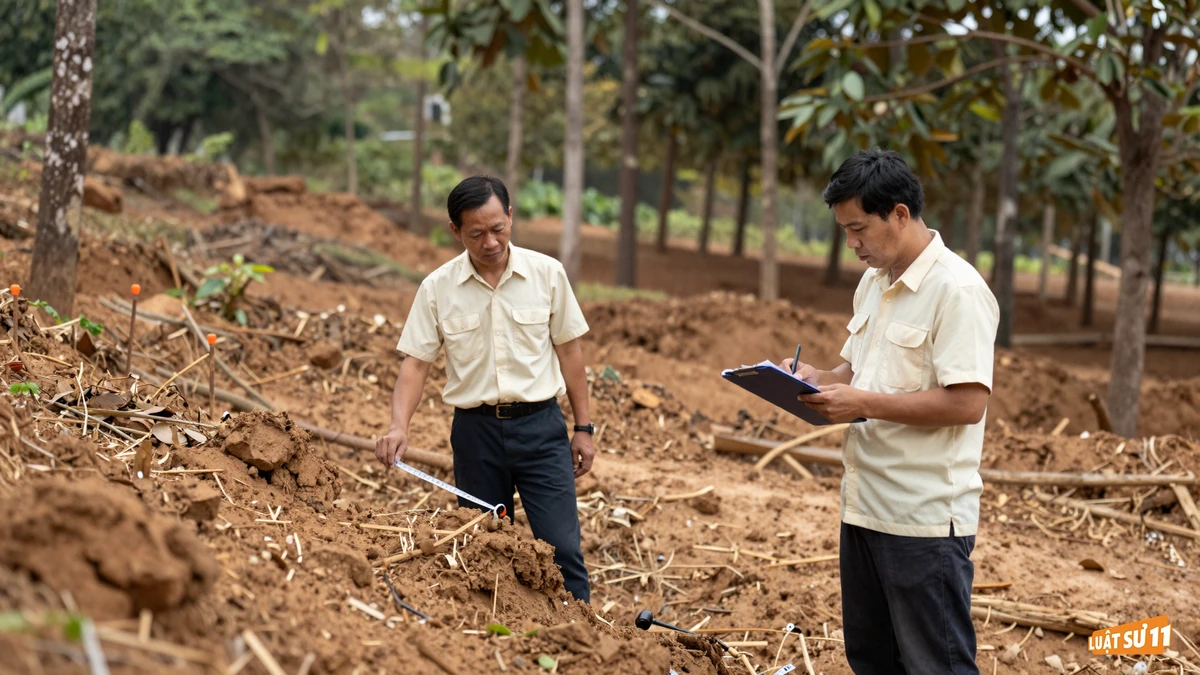 Hai người đo bằng thước dây dọc ranh giới giữa rừng trồng và dải đất trống trên sườn đồi