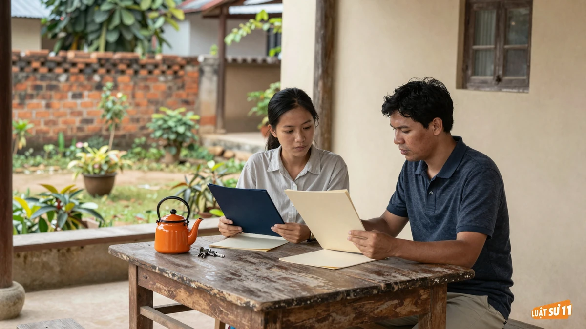 Hai vợ chồng ngồi ở hiên nhà, xem hai tập hồ sơ cạnh chùm chìa khóa nhà