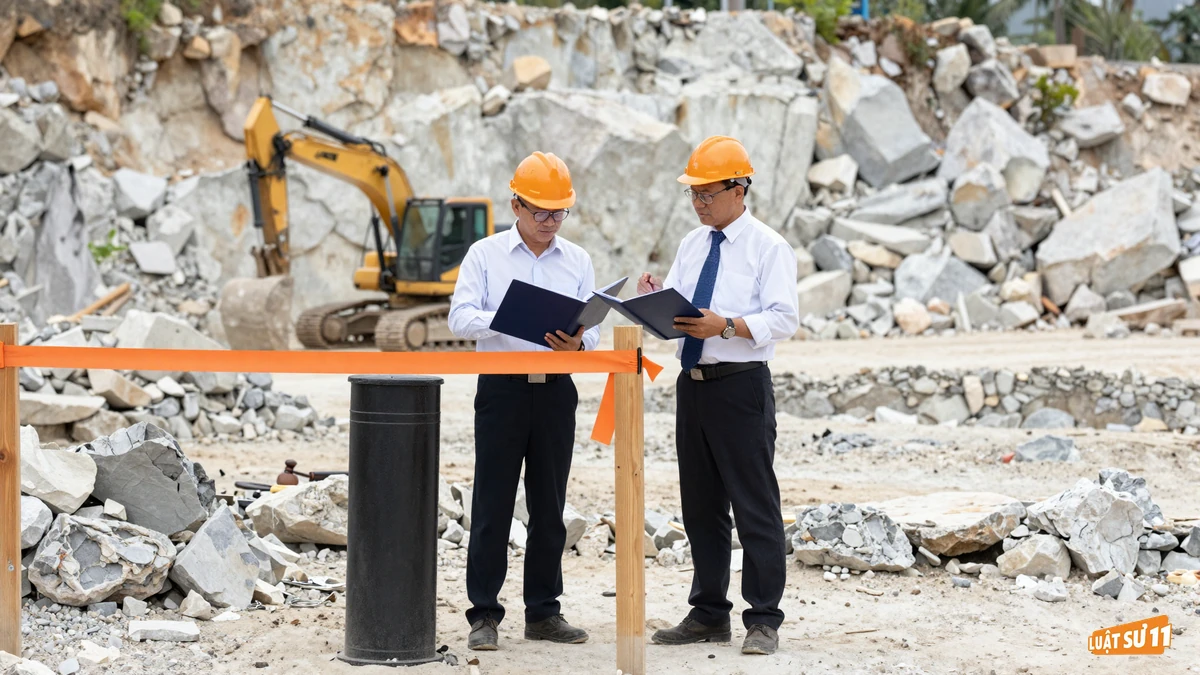 Hai người đứng cạnh cọc mốc ranh giới tại mỏ đá, đối chiếu hồ sơ với khu vực đang đào