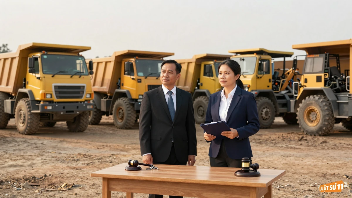 Hai người trong trang phục công sở đứng trước dãy xe tải và máy xúc dừng hoạt động tại bãi mỏ