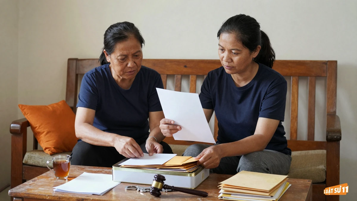 Hai mẹ con ngồi trên ghế gỗ trong phòng khách, lục tìm giấy tờ cũ trong hộp thiếc
