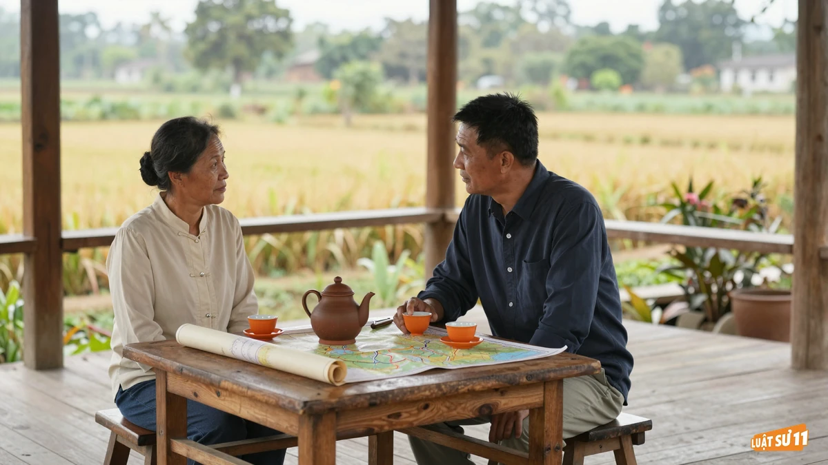 Hai người thân ngồi đối diện bên bàn gỗ ngoài hiên nhà, trao đổi bên tấm bản đồ đất và ấm trà